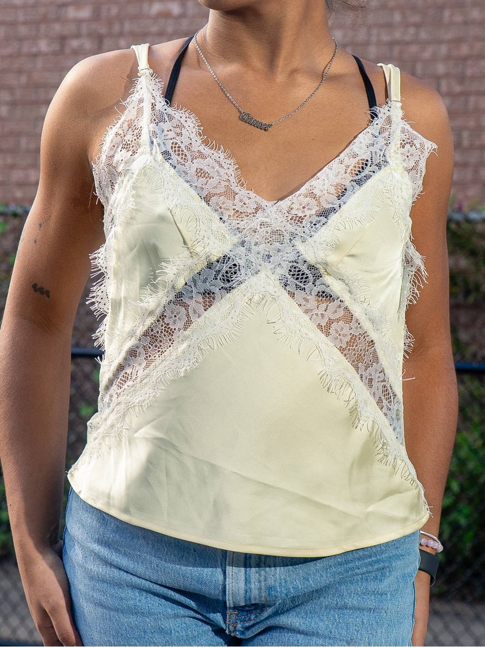 Satin Lace-Trim Camisole in Light Cream
